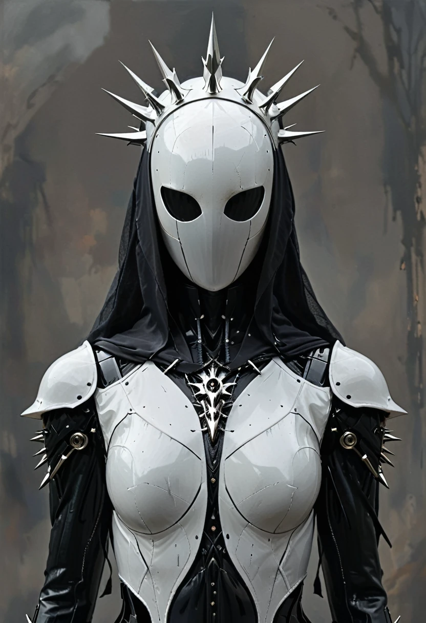 front view of a dark priestess holy cyborg necromancer girl wearing a white veil with a tiara and spiky crown on her head, symmetrical composition, oil painting style artstation concept character design in the style of James Gurney and Greg Rutkowski and Ross Tran, renaissance era ,cyberpunk art,gothic art,trending on Artstation,cgsociety,purism,faceless++ noface++ faceless ,no face ,faceless, featureless, non-anthropomorphized, blank, unmarked, anonymous, indistinct, undefined, vague, impersonal, expressionless, unidentifiable, characterless,formless, amorphous, nondescript, neutral, undifferentiated, abstract, generic, unspecified, uniform, simplistic, non-descript, , elemental ,shapeless, unformed, structureless, generalized, basic, unembellished, plain, minimalist, stark, unadorned, unelaborated, unornamented, unembodied,faceless++,bubble helmet,noface , cyborg, dark vibe, in the style of nicola samori,dark fantasy