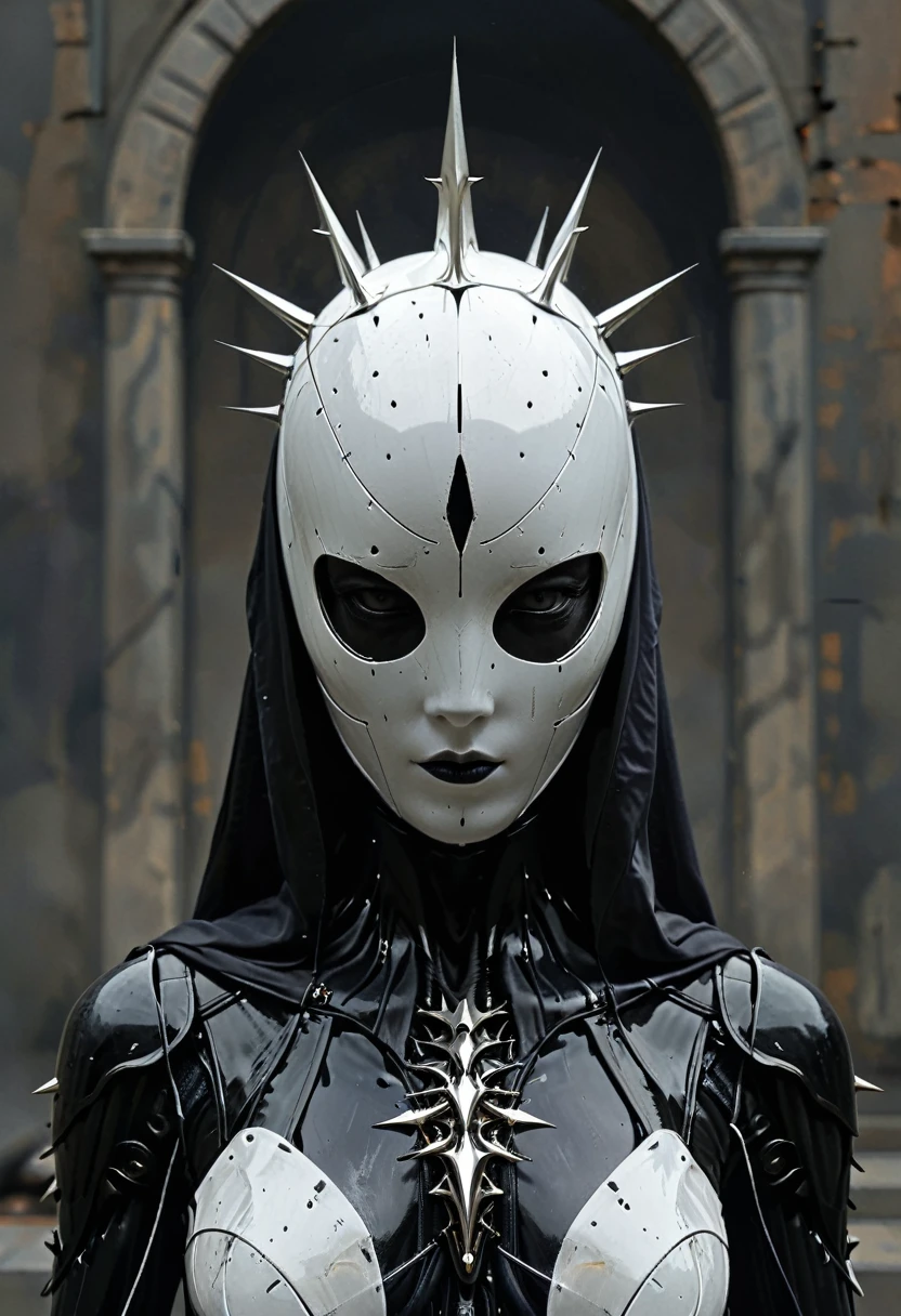 front view of a dark priestess holy cyborg necromancer girl wearing a white veil with a tiara and spiky crown on her head, symmetrical composition, oil painting style artstation concept character design in the style of James Gurney and Greg Rutkowski and Ross Tran, renaissance era ,cyberpunk art,gothic art,trending on Artstation,cgsociety,purism,faceless++ noface++ faceless ,no face ,faceless, featureless, non-anthropomorphized, blank, unmarked, anonymous, indistinct, undefined, vague, impersonal, expressionless, unidentifiable, characterless,formless, amorphous, nondescript, neutral, undifferentiated, abstract, generic, unspecified, uniform, simplistic, non-descript, bare, elemental ,shapeless, unformed, structureless, generalized, basic, unembellished, plain, minimalist, stark, unadorned, unelaborated, unornamented, unembodied,faceless++,bubble helmet,noface , cyborg, dark vibe, in the style of nicola samori,dark fantasy