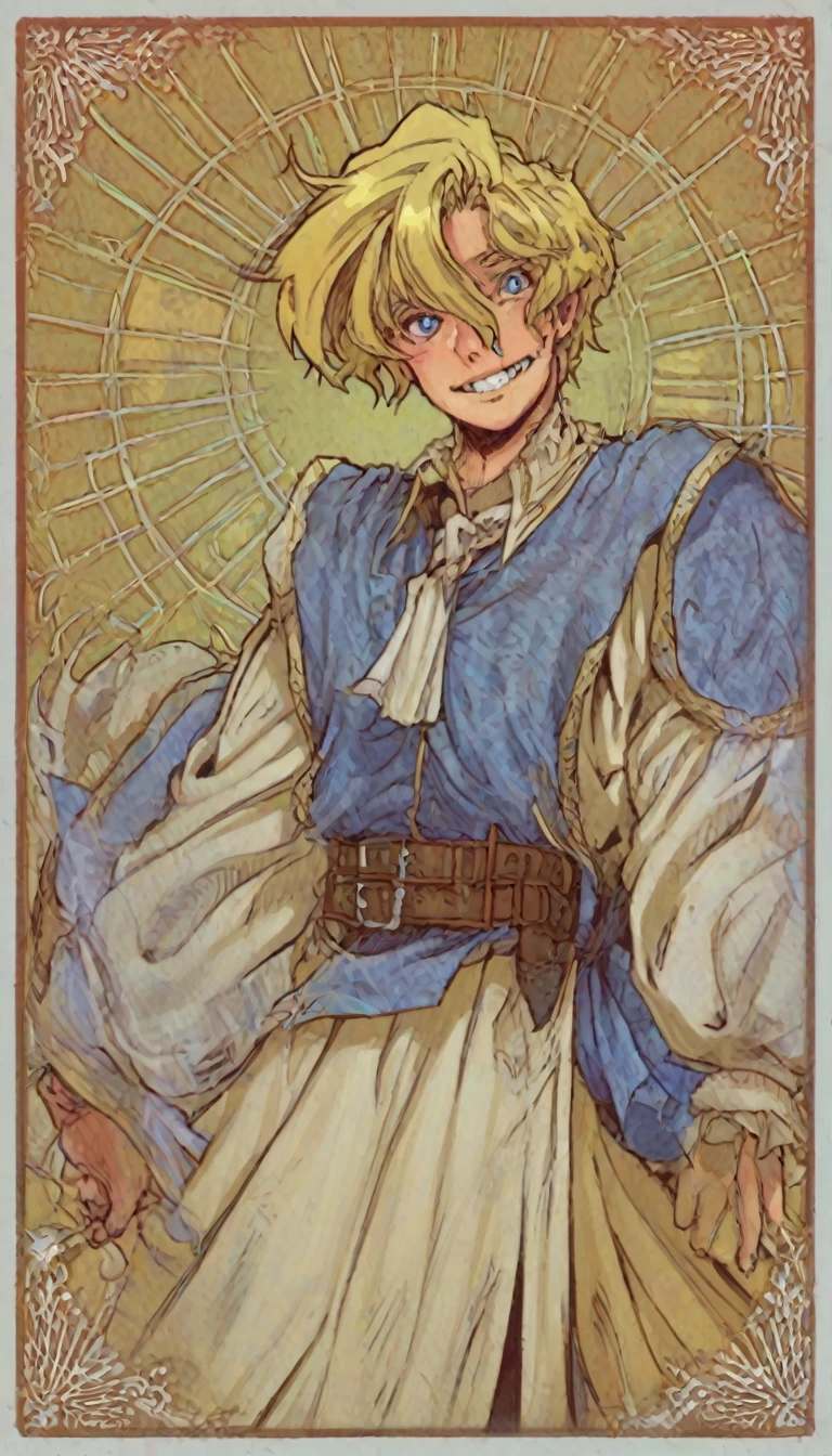 1boy, blonde hair, blue eyes, blue colloard shirt, yellow backgrownd, white pants, belt, standing hand peace sign, smiling, oloring, high quality, HDR, UHD frekles on his face, Anime style, masterpiece, spiky hair, long slevees