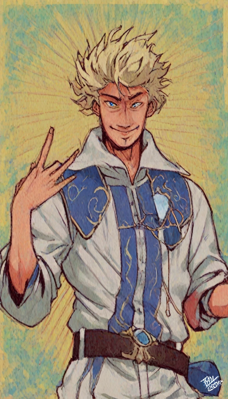1boy, blonde hair, blue eyes, blue colloard shirt, yellow backgrownd, white pants, belt, standing hand peace sign, smiling, oloring, high quality, HDR, UHD frekles on his face, Anime style, masterpiece, spiky hair, long slevees