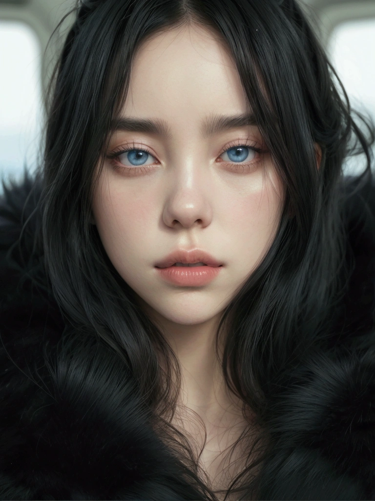 de una sola beautiful mujer, wavy fur, long black fur, black fur, blue eyes, sky blue eyes, bare neck, beautiful, nariz beautiful, pompous lips, full lips, thick red lips, flawless eyes, Pale skin, white, beauty, Asian woman, hannie, portrait of billie eilish, nice accessories, Perfect skin, realist, until realist, high quality image, mujer beautiful, Model, beautiful realism, until, black fur, Asian, symmetrical face, tribune on one side arranged symmetrically, jennie pink black, nice arms, pretty face, Billie Eilish Vanishing Point, foreground, Torso and face shot, three-quarter shot, High resolution, breasts, HD, maximum resolution