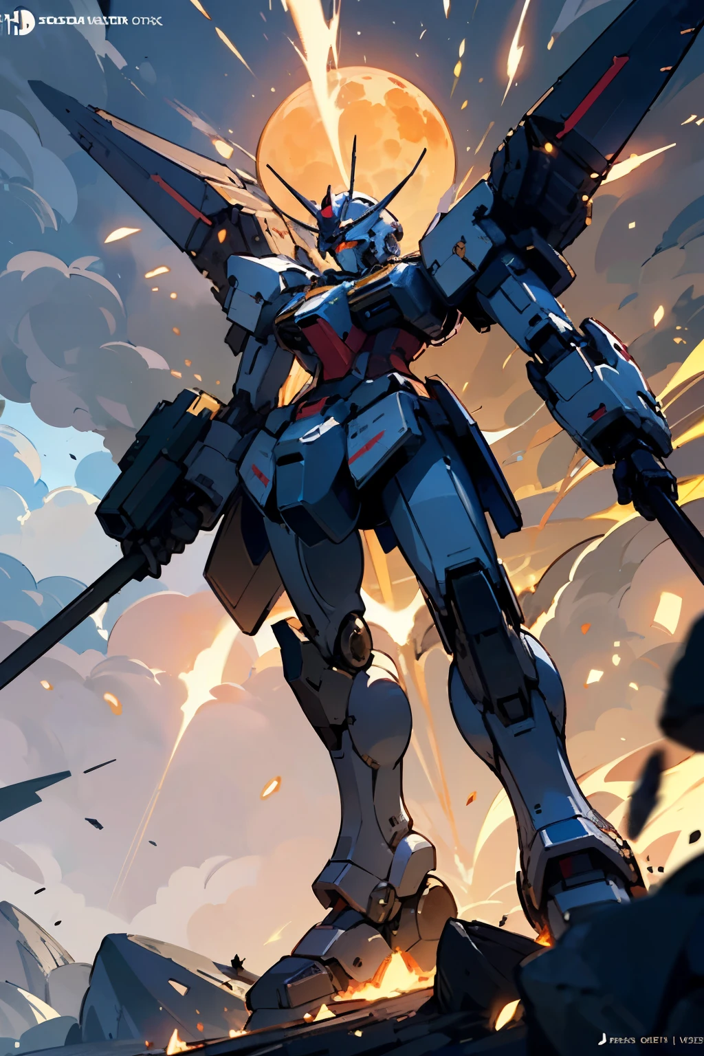 "Design an EDM cover art featuring a lone, towering Gundam-inspired robot standing majestically on the edge of a jagged cliff. The robot should have a sleek, midnight blue armor with glowing orange circuits running across its body, giving off a powerful, radiant energy. Behind it, a massive, glowing moon hangs low in a dark, cloudy sky, with beams of light cutting through the mist. The robot's eyes should be illuminated, staring intensely into the distance, as if preparing for a great battle. Surround the scene with subtle embers and sparks floating in the air, adding to the dramatic, otherworldly atmosphere. A small, abstract symbol or emblem can be subtly integrated into the cliffside or the robot's chestplate."