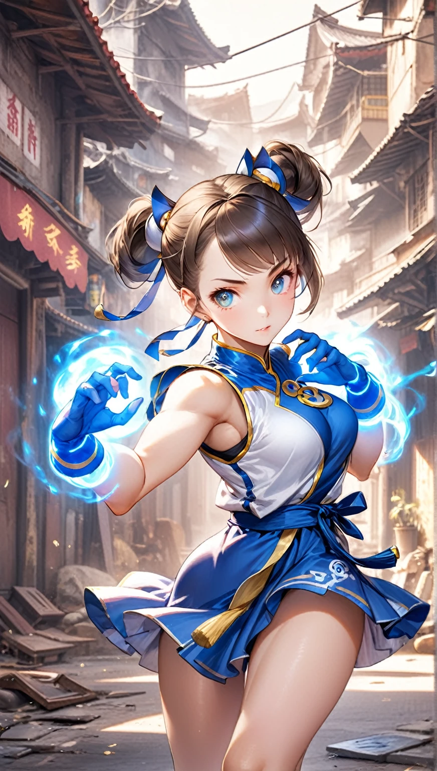 (Highest quality,8k,32K,masterpiece,Ultra-high resolution :1.2 ),born,One girl,Super cute,Natural light,Clear, shining eyes,20-year-old,Fair skin,A fantasy background of an abandoned Chinese town in an electronic world,Street Fighter Chun-Li&#39;s hairstyle,chun li hairstyle,Chun-Li&#39;s Outfit,Chun-Li&#39;s Outfit,Large Breasts,Kicking pose,Kicking,Good at footwork,Upper body in underwear,Embarrassed,Hiding her chest with her hands