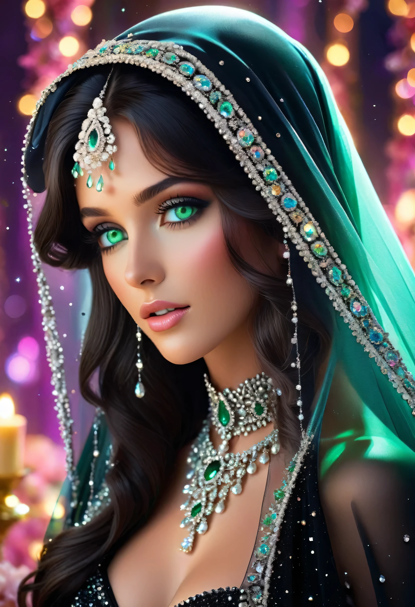 Create the image of a beautiful woman, green eyes, full mouth, wearing a black veil and a matching black dress, adorned with small iridescent and transparent crystals. Crystals like tiny pearls are delicately scattered throughout the hair, veil and dress, catching the light and adding an ethereal, sparkling quality. Her long hair falls softly beneath the veil and her expression is serene and captivating. The background with colorful light splashes and flowers contrasts with the sparkling crystals, making her stand out as a mystical and enchanting figure, with the crystals reflecting subtle shades of color as they catch the light.