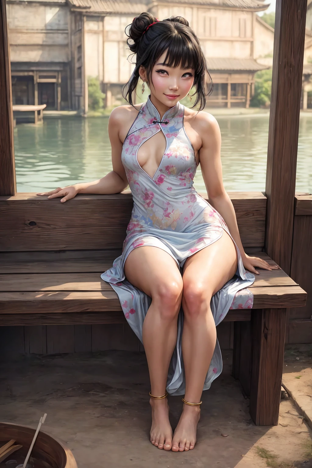Best Quality, Very Detailed, (Realistic), Masterpiece, Photorealistic, Realistic Human Proportions, Fantastic Realism, Perfect Lighting, Soft Light, Natural Light, Physically Based Rendering, Auto White Balance, 4K,Solo,Nsfw,1girl, (Miyu Edelfelt),,black hair,brown eyes,seductive smile,nsfw, barefoot, see-through dress, butterfly, butterfly hair ornament, backless dress, chinese clothes,sleeveless, double bun,golden dragon print,bare foot,soles,elbow gloves,hair bun, hair ornament,jewelry,earrings,anklet,slim legs,nail polish, small chest, solo,foot focus, toenail polish, toenails, 5toes, twintails,outdoor,Chinese style architecture, Chinese style, lake, ancient town, beautiful and meticulous water,the red lantern,fireworks,masterpiece, best quality,Super detailed, exquisite face shape, nose, red lips, detailed eyes, (iris and pupils are round, pupils reflect the environment, eyes vary in size) eyeliner, eyelashes, smooth hair, smooth skin, posing for a photo