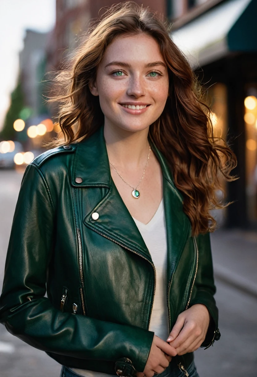 A 24-year-old woman with wavy chestnut brown hair and deep green eyes, her fair skin lightly freckled. She is walking along a quiet city street during twilight, dressed in a sleek, modern outfit: a light leather jacket over a fitted blouse and jeans. Her hair catches the evening breeze as she smiles, the soft streetlights casting a warm glow on her face. She wears her signature silver necklace with a small pendant, adding a touch of elegance to her casual look