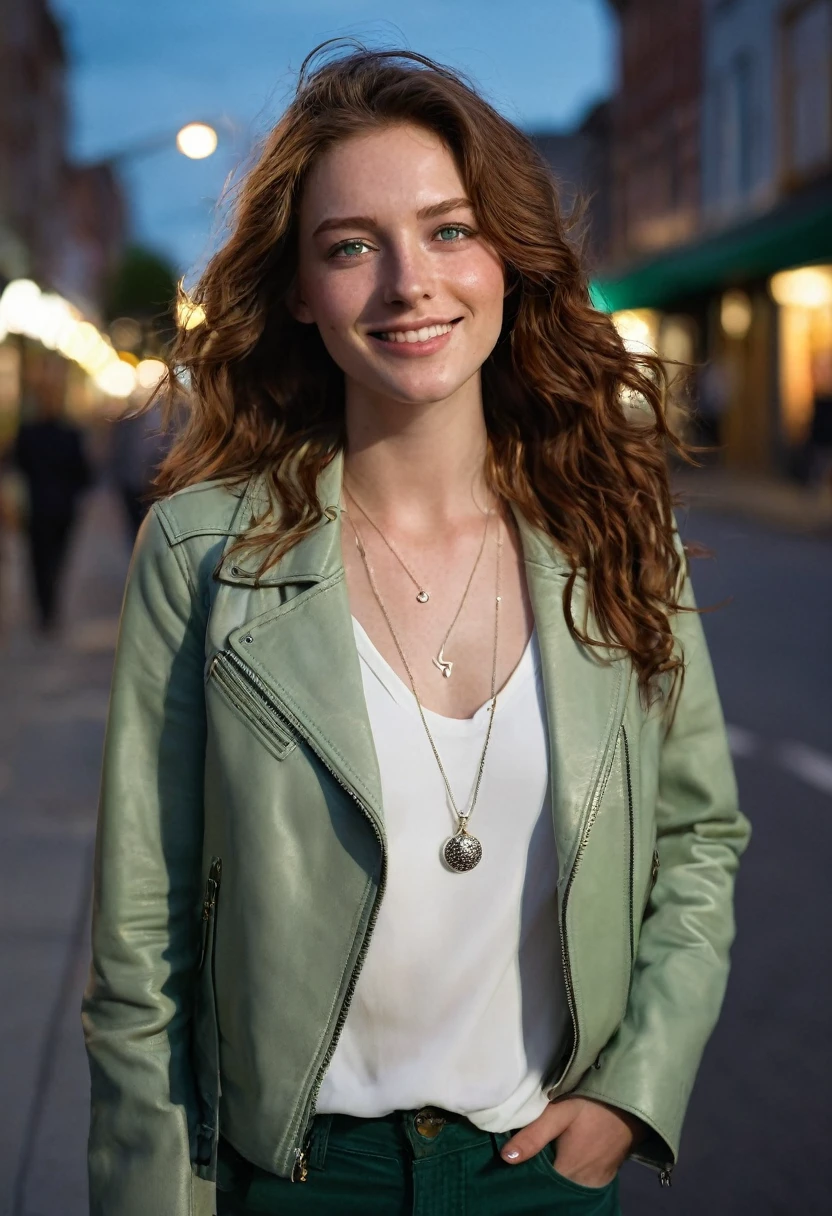 A 24-year-old woman with wavy chestnut brown hair and deep green eyes, her fair skin lightly freckled. She is walking along a quiet city street during twilight, dressed in a sleek, modern outfit: a light leather jacket over a fitted blouse and jeans. Her hair catches the evening breeze as she smiles, the soft streetlights casting a warm glow on her face. She wears her signature silver necklace with a small pendant, adding a touch of elegance to her casual look