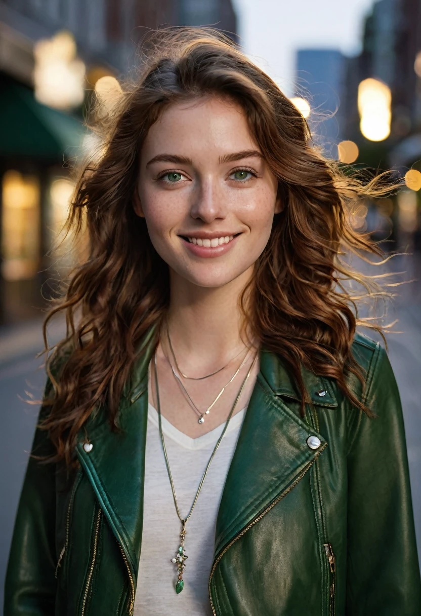 A 24-year-old woman with wavy chestnut brown hair and deep green eyes, her fair skin lightly freckled. She is walking along a quiet city street during twilight, dressed in a sleek, modern outfit: a light leather jacket over a fitted blouse and jeans. Her hair catches the evening breeze as she smiles, the soft streetlights casting a warm glow on her face. She wears her signature silver necklace with a small pendant, adding a touch of elegance to her casual look