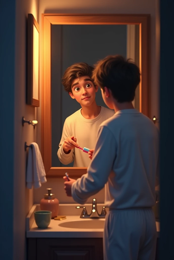 Tim is getting ready for bed. He is putting on his pajamas and brushing his teeth again. He is looking at his reflection in the mirror, feeling tired but happy.