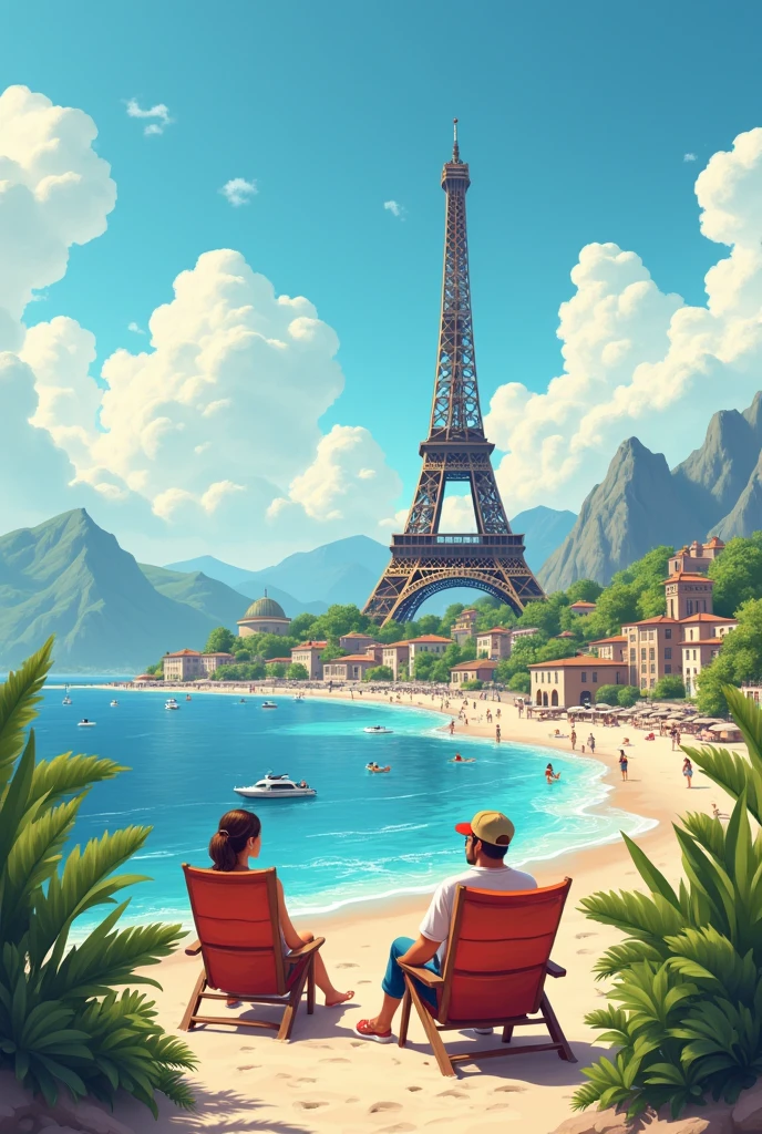 - Image of iconic tourist spots like the Eiffel Tower - A person or couple enjoying a beach vacation, in the mountain,
Or in an exotic city.