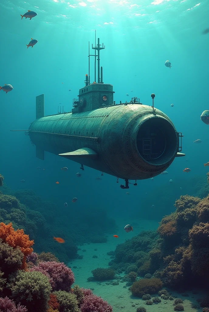 cgsociety, daz3d, ps1 graphics, dystopian art, ((surrealism photo)), image of a submarine underwater with corals and fish around, extremely beautiful landscape that looks surreal,