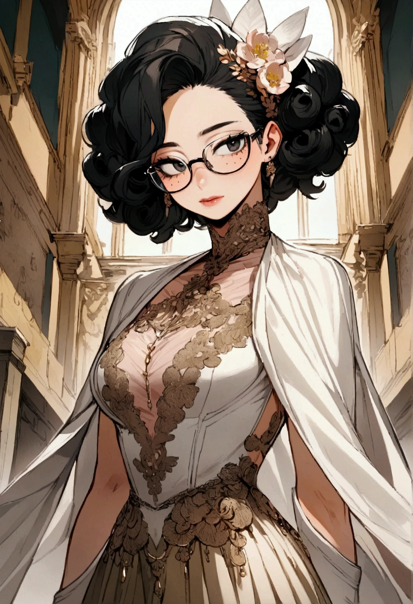 My hero academia, feminine male with curly black hair and black eyes with freckles, glasses