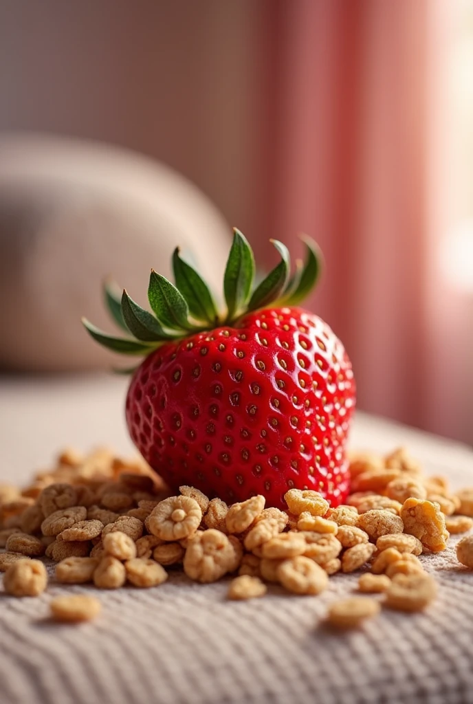 a room with a strawberry stuck with granola and on top of the sofa