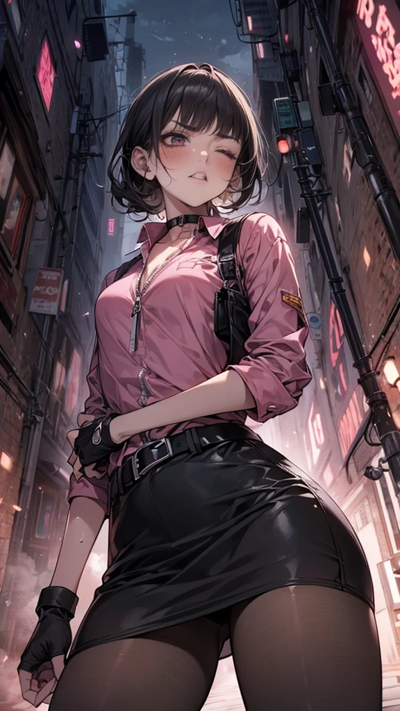 {{Grit your teeth:1.4}},,{{v-shaped eyebrows}},Bad mood,blush,Sweat,raise one's eyebrows,{{Very slim legs:1.4}},{{hold your stomach with one hand:1.8}},{{standing on one knee:1.6}},{{knee up:1.6}},{{Hold one hand on the side of the body:1.6}},Hold the arm with one hand,Dynamic composition,dutch angle,from below,from side,solo,170cm tall female, theatrical animation style,{{Black pantyhose:1.2}}, Power Rangers pre-transformation heroine,{{Futuristic zip-up police shirts with collar}}, Long-sleeved shirt with rolled-up arms,{{Pink-based shirt:1.6}},pink shirt,BLACK PENCIL SKIRT, BLACK SKIRT,,{{small face:1.8}},{{Grit your teeth:1.4}},{{fighting stance:1.6}}{{fight:1.6}}{{masterpiece}}, {{{Highest quality}}},{{Very detailed}},{{Pain ,Suffering}},one eye closed,{{critical situation:1.6}},{}},1girl,30years old,{Mature Woman}},{{}}、black fingerless gloves,Bad mood,profound,Beautiful thighs,clavicle、chest holster,BLACK Long Hair,Blunt bangs,Alley,Black Choker,belt,heavy breathing