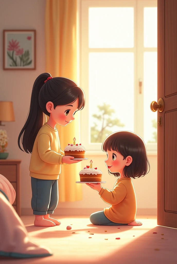 A cute is in her room when her cute mother arrives and knocks on her bedroom door giving her a little cake.