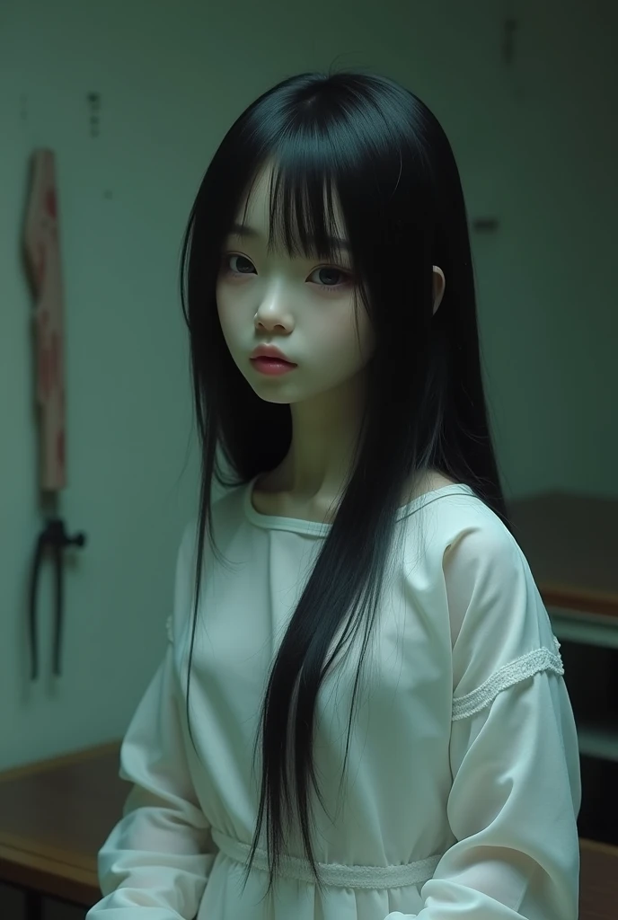 Taking pictures secretly、Hidden camera footage、Super Real、Exquisitely crafted Japanese semi-long black hair(((Stuffed Animal Girl)))、A white surgical gown made of thin, almost transparent material、Dimly lit human taxidermy studio、Abandoned Operating Room、Bloody Saw、pliers、Surgical scalpel