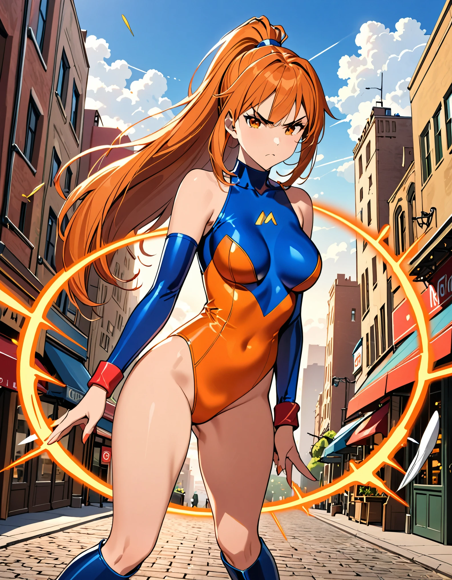 (masterpiece), (best quality), (high res), 1lady, tall body, finger proportions coordination, highly detailed, professional, beautiful detailed eyes, beautiful detailed face, perfect hands, complete fingers, (red wristbands), perfect anatomy, perfect proportions, (orange hair, long hair, ponytail hair), (orange eyes), (leotard, orange leotard with blue accents, matching leotard, sleeveless), (bare legs), (boots, matching boots, knee-high boots, blue boots), breasts, medium breasts, full body with costume, looking away, angry, v-shaped eyebrows, solo, solo focus. cowboy shot, city backdrop, jewelry store, outdoors. standing, powering up. intense atmosphere. bullets bouncing off her body, covered in an intense circular red aura.