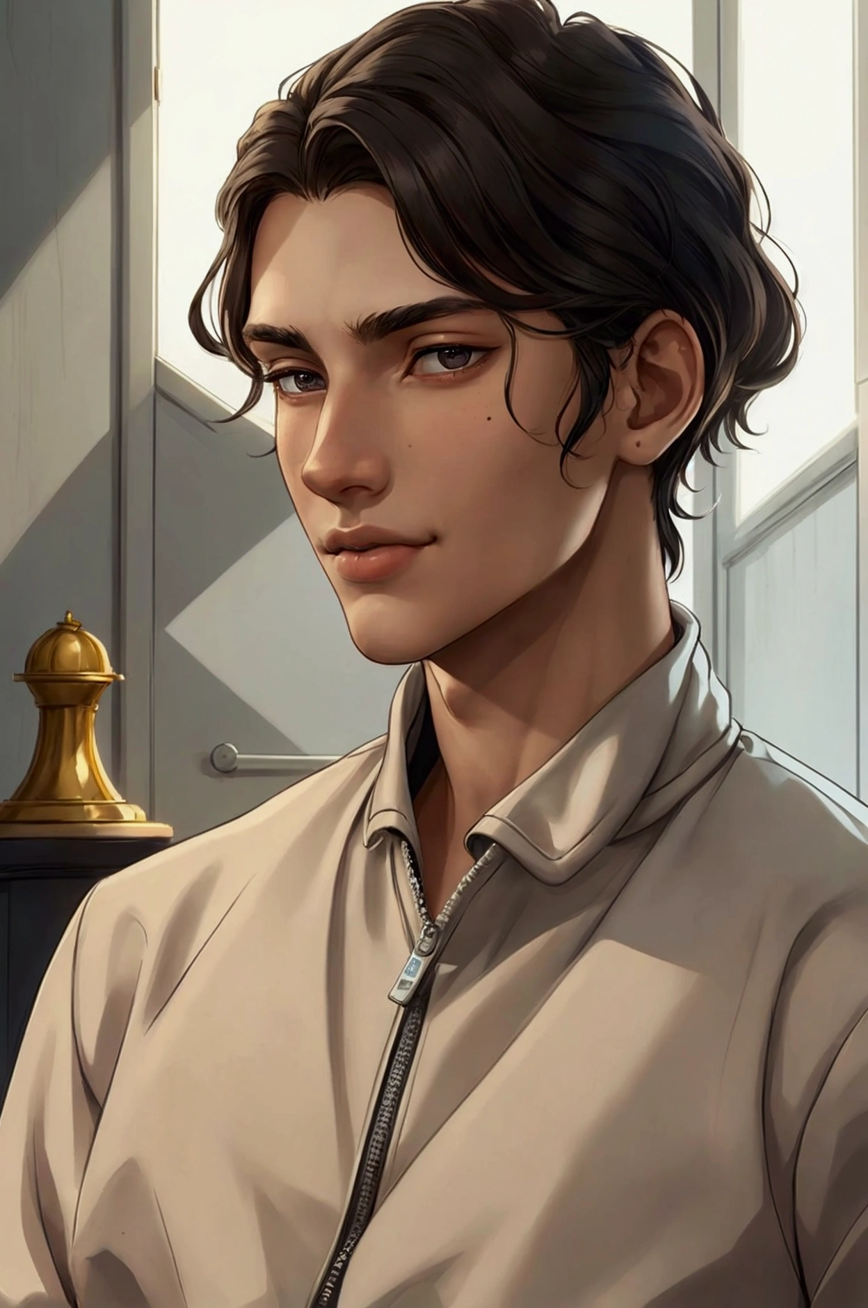 A young man of 16 years old, smile, Beautiful face, aristocratic straight nose, delineated cheekbones, mole on the left cheek, wearing an adidas tracksuit, loose tracksuit, in the background is a modern school interior, high detail subdued lighting, warm soft light