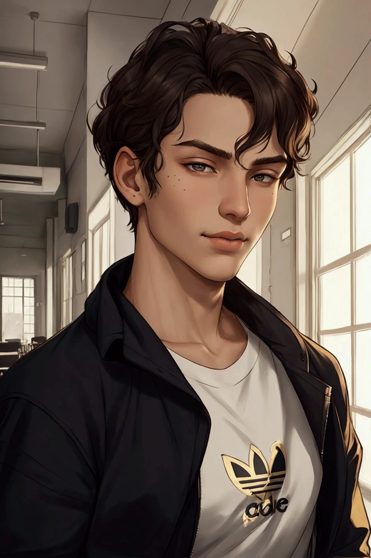 A young man of 16 years old, smile, Beautiful face, aristocratic straight nose, delineated cheekbones, mole on the left cheek, wearing an adidas tracksuit, loose tracksuit, in the background is a modern school interior, high detail subdued lighting, warm soft light