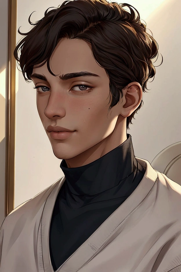 A young man of 16 years old, smile, Beautiful face, aristocratic straight nose, delineated cheekbones, mole on the left cheek, wearing an adidas tracksuit, loose tracksuit, in the background is a modern school interior, high detail subdued lighting, warm soft light