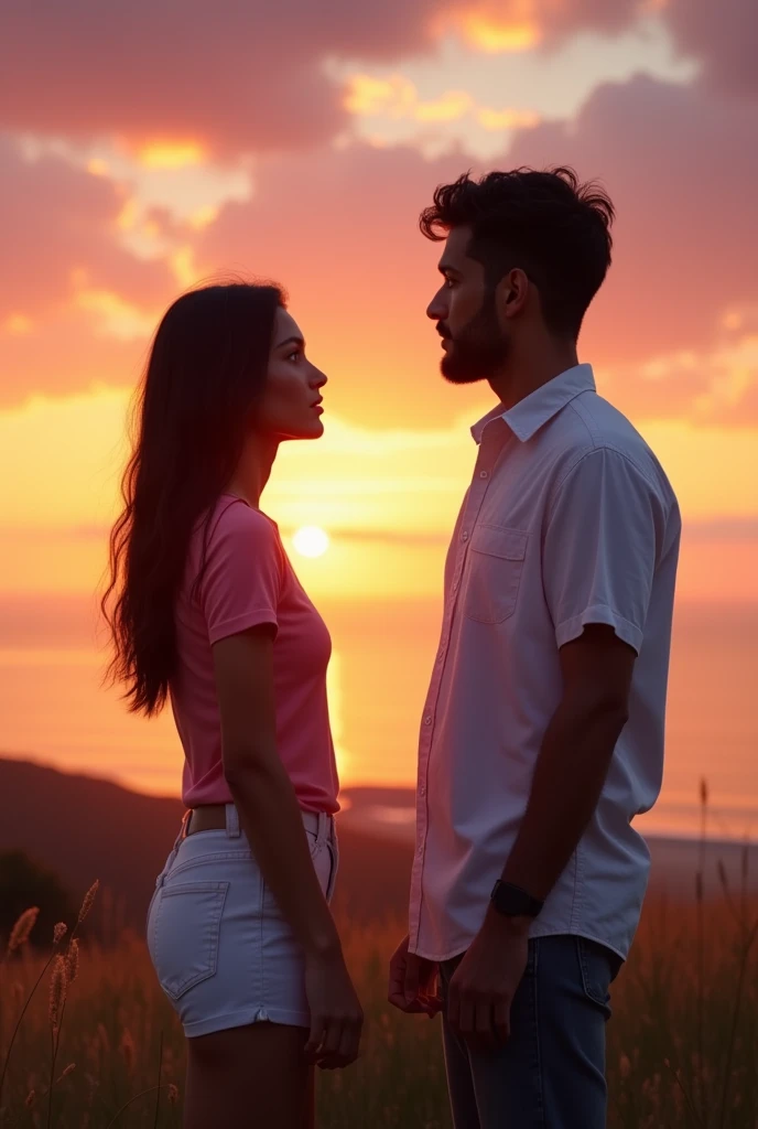 A Brazilian woman, 30 years old white, Bblack hair, watching the sunset wearing a pink t-shirt and shots, with her husband wearing a white shirt, both in profile, showing thoughtful personality. 真实感