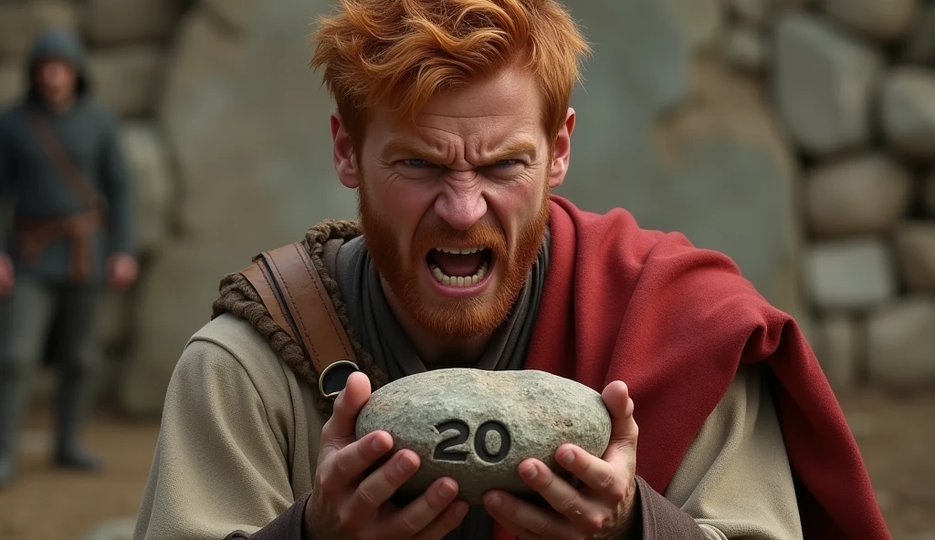20 year old young man at war short red hair angry holding a stone in his hands biblical character