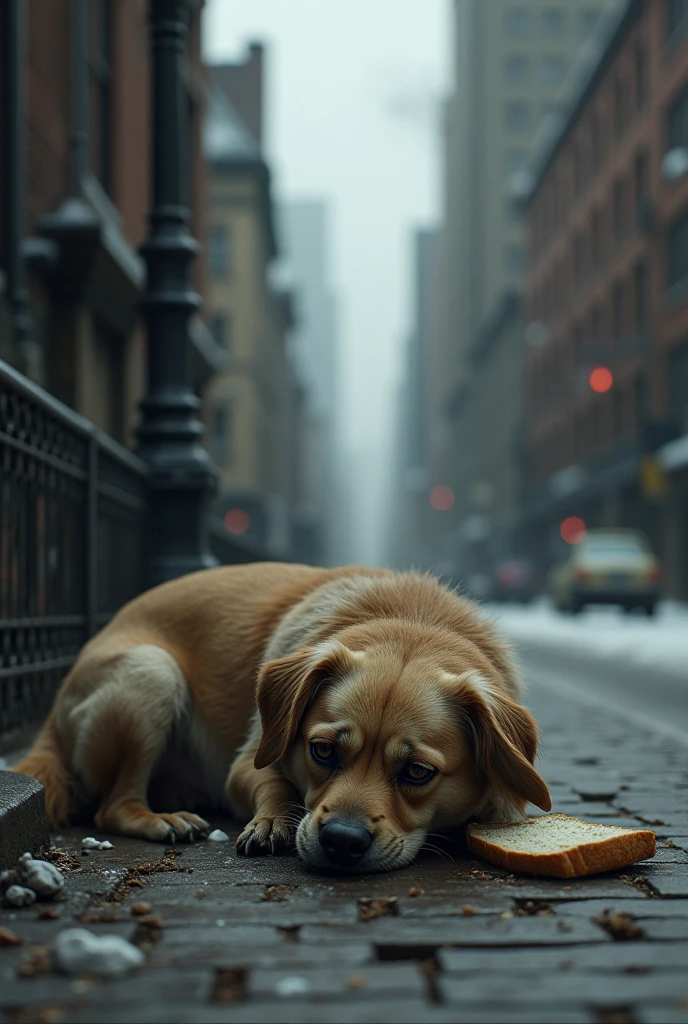 Could you please create a sad little dog lying on the street with a piece of bread next to it?