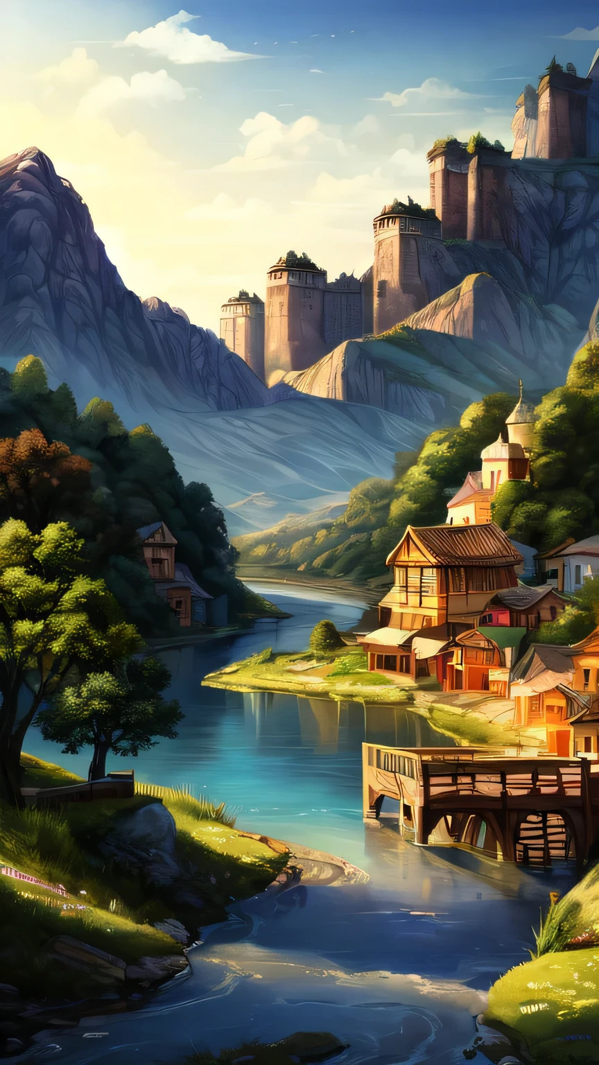 ((best quality)), ((masterpiece)), (detailed), An illustration of a peaceful ancient town with a river, mountains, and animals in the background
