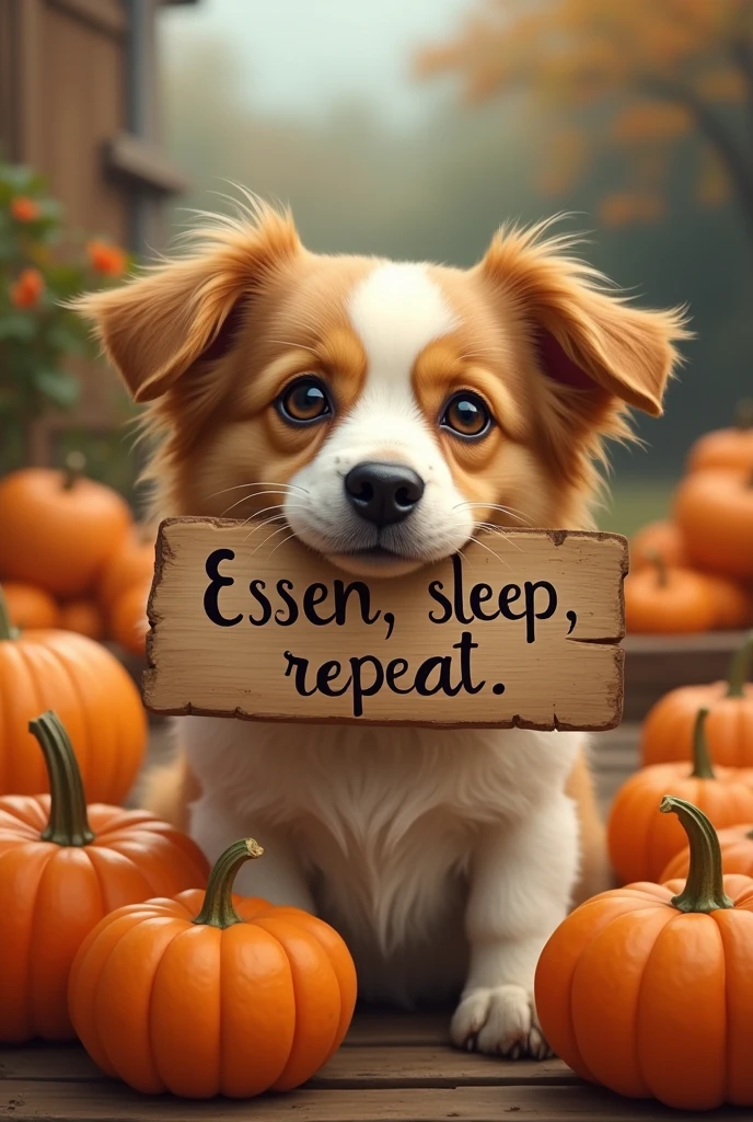 Dog holding a sign with the inscription "Essen, sleep, repeat" and Pumpkin