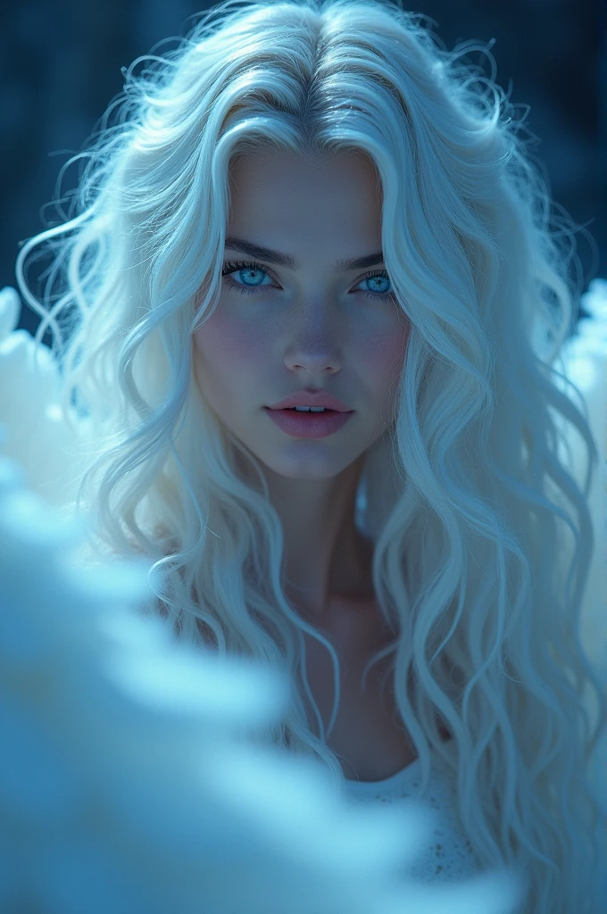 Super realistic fantasy, Close-up,null、wavy long thick white curls,crispy angel with white wings,stares intently at the camera,WHITE,mystical and mesmerizing spectacle,unearthly beauty face,big lilac eyes(catch the light in her eyes),photorealistic,radiate a magical glow on a dark blue background, first-person view,finely detailed leather, Sharp Focus, (cinematic lighting), night, soft lighting, Dynamic angle, (detailed face without mask:1.2),
super detail, Attention to detail, high quality, 8 K,uhd,raw High resolution, masterpiece, Best quality