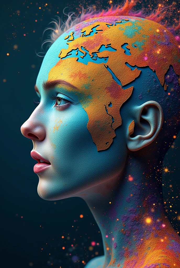 "Visualize an interpretation of the earth on one side of the face in hippie style. To capture its movement and energy in a unique way. Incorporate hippie-style colors to convey a sense of movement and excitement. Play with perspective and layering, to create a multidimensional composition, which questions traditional notions of space and form. Be inspired by the spirit of the hippie era and see nature in a fresh and innovative light.. Unleash your creativity, as you bring this imaginative scene to life on the screen