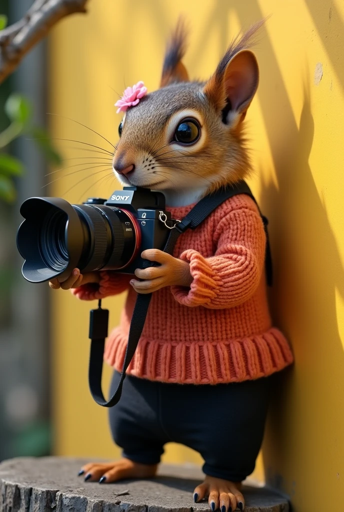 A delightful and captivating image of a quirky female squirrel meticulously holding a professional Sony camera and wearing a knitted salmon-colored jumper and black pants and a small pink flower in her hair. Perched on a tree branch in an urban environment, the squirrel is on a nature photography mission. A delicate balance of sunlight and shadow on a nearby yellow wall creates a dynamic play of light and dark. The squirrel's determined eyes and the camera strap around her neck reflect its dedication to capturing the perfect cinematic shot. Her eyes look determined but very cute.