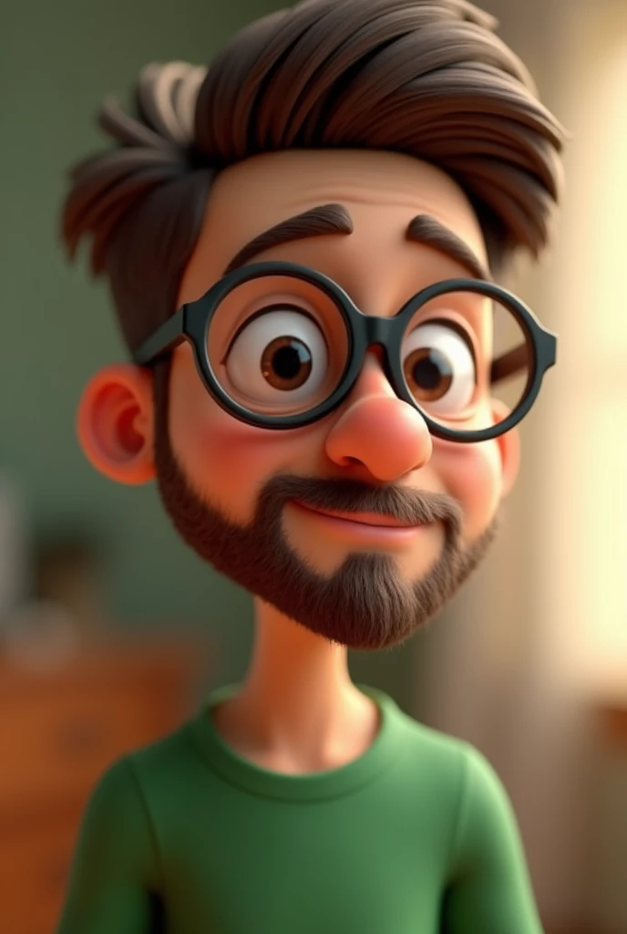 Cartoon character of a man in black glasses and a green shirt, with low beard, ,Scrawny, animation character, stylized character, animation style rendering, 3d stylized, Arnold Maya rendering, Stylized 3D rendering, toon render screenshot, 3d character, 3d character, Stylized 3D rendering, 3D character rendering, cartoon character, Personagem de close up, character posing,  (Pixar-style) (master part:1.2) (bokeh) (best qualityer) (skin detailed) (detailed texture) (8k) (Argilla) (cinematic lighting) (sharp focus)

