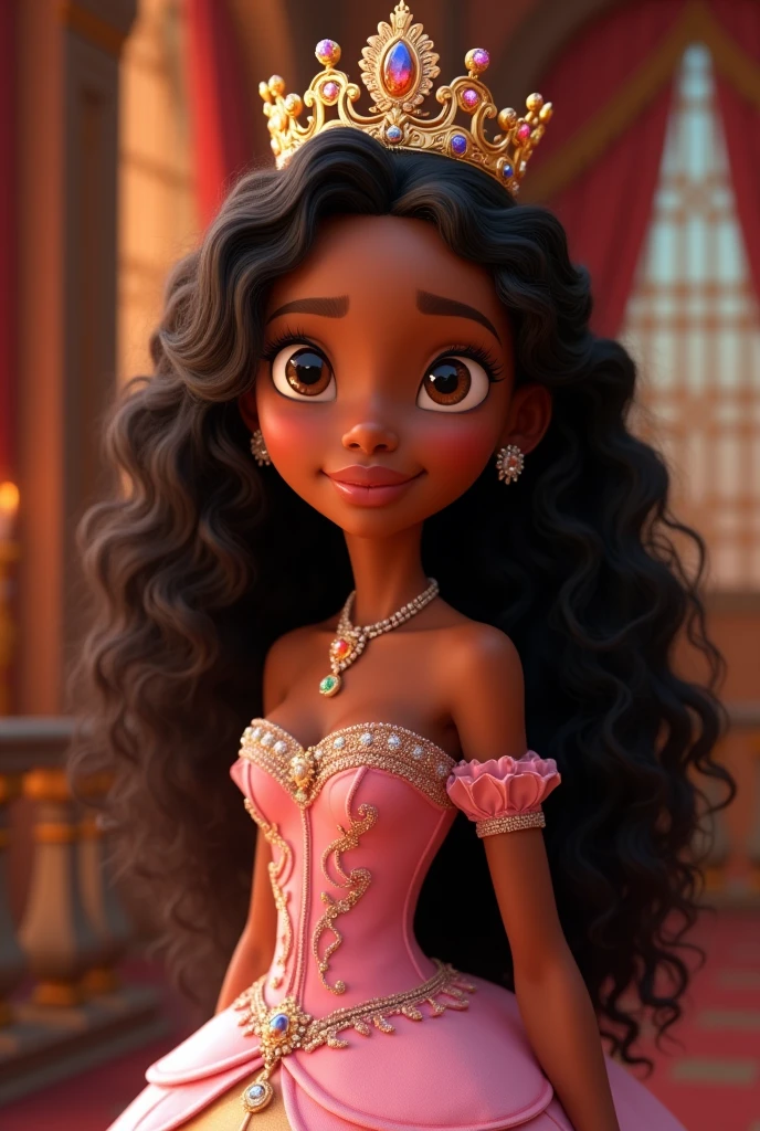 Stunning Princess Jasmine, black female, long curly hair, photo in 8k, Pixar style image, Excellent quality. She has a crown. Your dress is like a princess&#39;s.