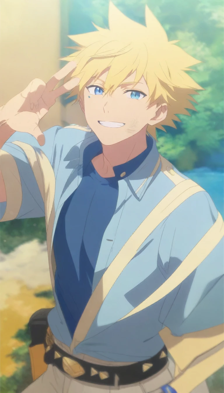 1boy, blonde hair, blue eyes, blue shirt, yellow backgrownd, white pants, belt, standing hand peace sign, smiling, oloring, high quality, HDR, UHD frekles on his face, Anime style, masterpiece, spiky hair, long slevees
