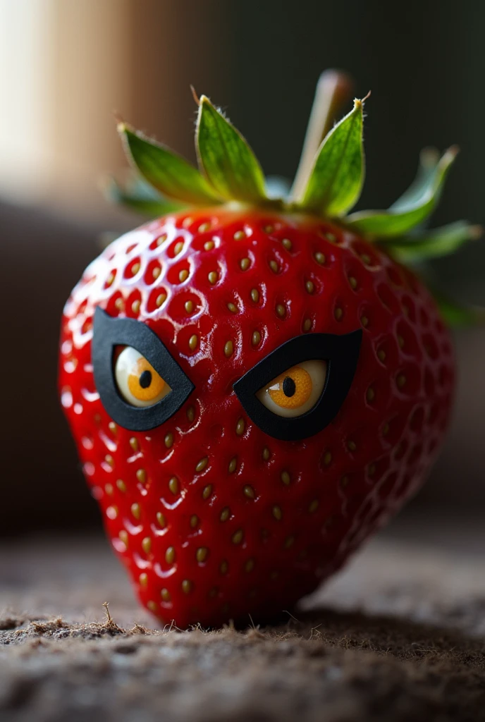 an evil strawberry with eyes, On top of the sofa