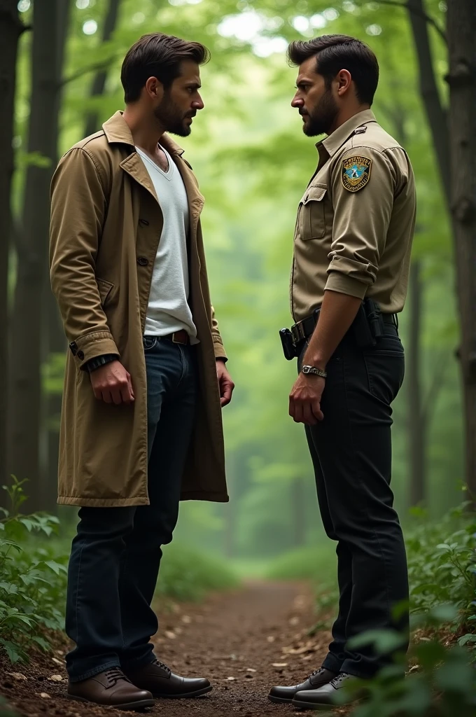 Peter Hale wears black jeans with a white v-neck shirt over a light brown trench coat, In front of him is Noah Stilinski wearing his light brown sheriff's uniform., They both stand face to face looking at each other in the middle of a forest