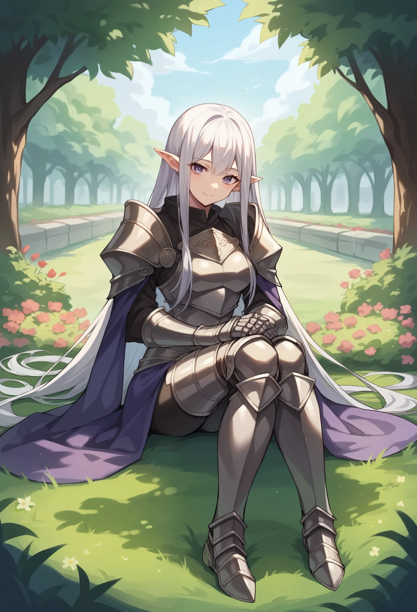 (masterpiece:1.2, Highest quality),(Anime Style),Visible from the knees to the head, 20-year-old woman,smile,Purple Eyes,Silver Hair,Long pointy ears,Half Up,Long Hair,Black Armor,knight,Sitting,garden