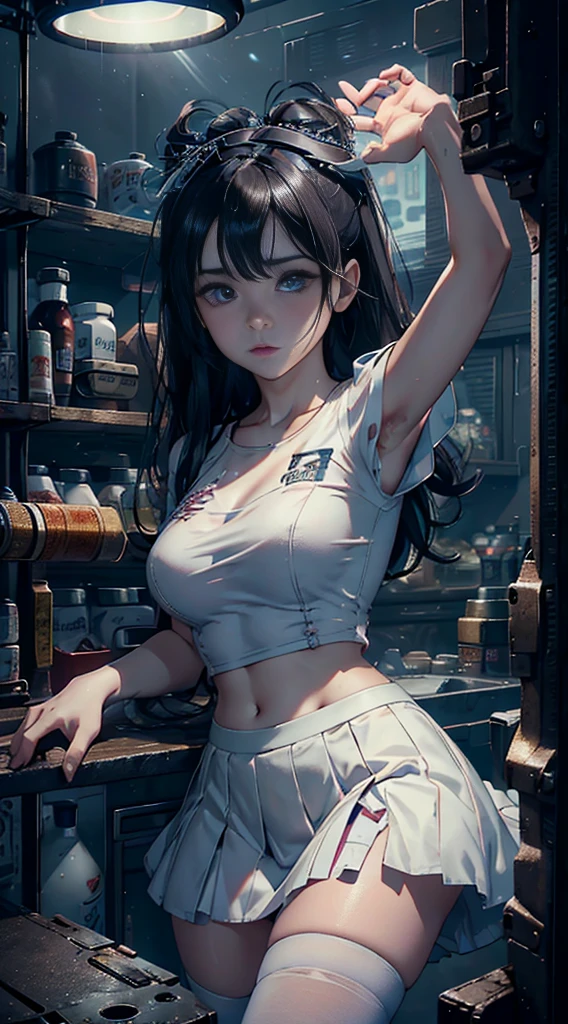 1 sister, black hair color hair, whiteskirt, under bust shirt,a skirt, perfect eyes, perfect hand, Ultra-high resolution,twilight,Cloud, Movie Angle, profesional lighting, Best quality at best, tmasterpiece, Side seams, Sharp, Perfect focus,corner store,dream-like_A WORLD,(Elaborate Eyes:1.3),realistically,(3D Face:1.1),(Glow skin:1.5),(Ultra high resolution complex facial details skin pores:1.3),Ultra-high resolution fabric texture,8k eye details,8K primary school students,