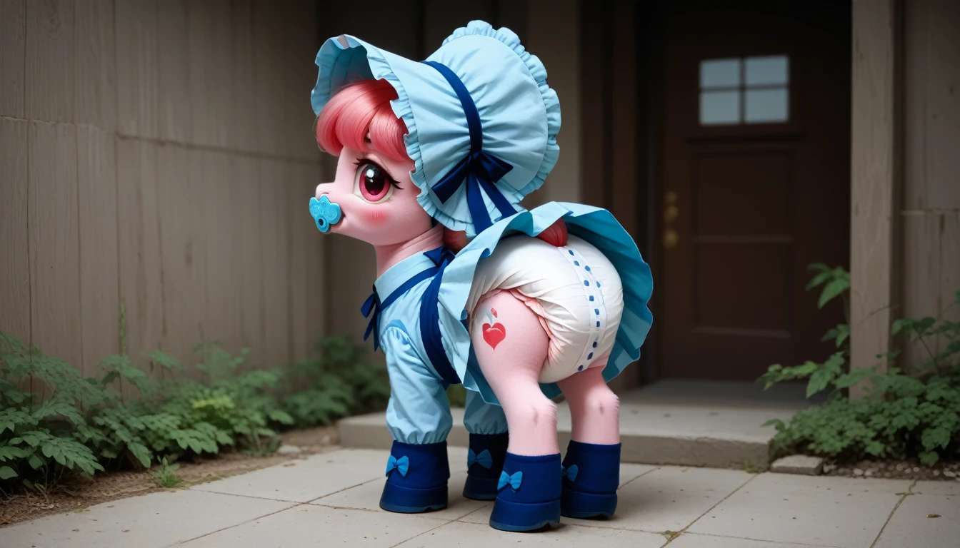 pony, бежевая земная pony, no horn, no wings, adult mare, stands on four hooves, rear hooves spread wide apart, dressed in a bright blue vest, blue bonnet bonnet and blue booties, blue pacifier in mouth, solo, thick diaper under clothes, pink blush on cheeks, Embarrassment, Awkwardness. 