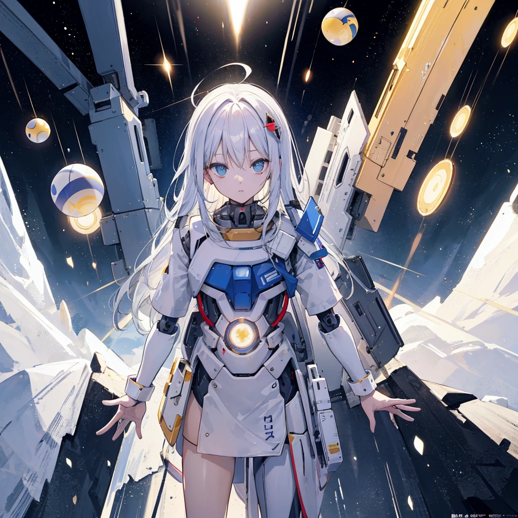 Create an EDM cover art featuring a solitary, majestic Gundam-inspired robot standing amidst the clouds in a serene, heavenly realm. The robot should be adorned in gleaming white armor with soft, golden accents that glow with a divine aura. Its eyes should emit a gentle, celestial blue light. The background should consist of a brilliant, sunlit sky with layers of soft, ethereal clouds stretching into infinity. Rays of sunlight break through the clouds, casting a warm, golden glow over the scene. Around the robot, small, glowing orbs of light float gently, enhancing the peaceful and transcendent atmosphere. The overall composition should evoke a sense of calm and grandeur, as if the robot is a guardian or celestial being in a divine sanctuary."
