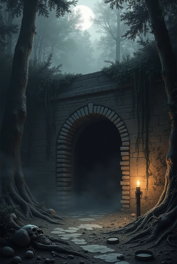 "A dark, ancient dungeon entrance set within a crumbling castle, hidden deep within an ominous forest. The scene is shrouded in heavy mist and shadow, with faint moonlight piercing through the dense canopy above. The dungeon's stone archway is cracked and overgrown with twisted vines, and skeletal remains lie scattered around the entrance. A solitary, weathered torch burns dimly beside the entrance, casting eerie, flickering light on the stone walls. The atmosphere is foreboding, with a sense of forgotten evil lurking within. The entire image is in grayscale, with high contrast between the dark shadows and the pale light, creating a haunting and mysterious aura
