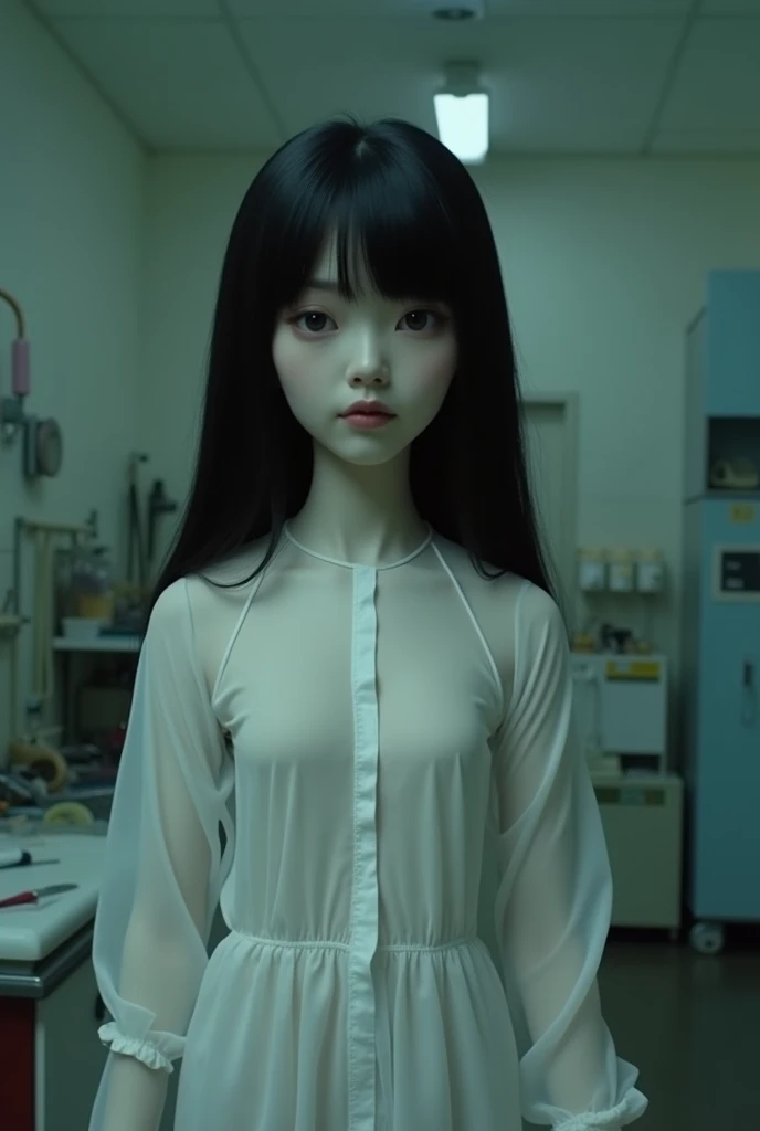 Taking pictures secretly、Hidden camera footage、Super Real、Exquisitely crafted Japanese semi-long black hair(((Stuffed Animal Girl)))、A white surgical gown made of thin, almost transparent material、Dimly lit human taxidermy studio、Abandoned Operating Room、Bloody Saw、pliers、Surgical scalpel
