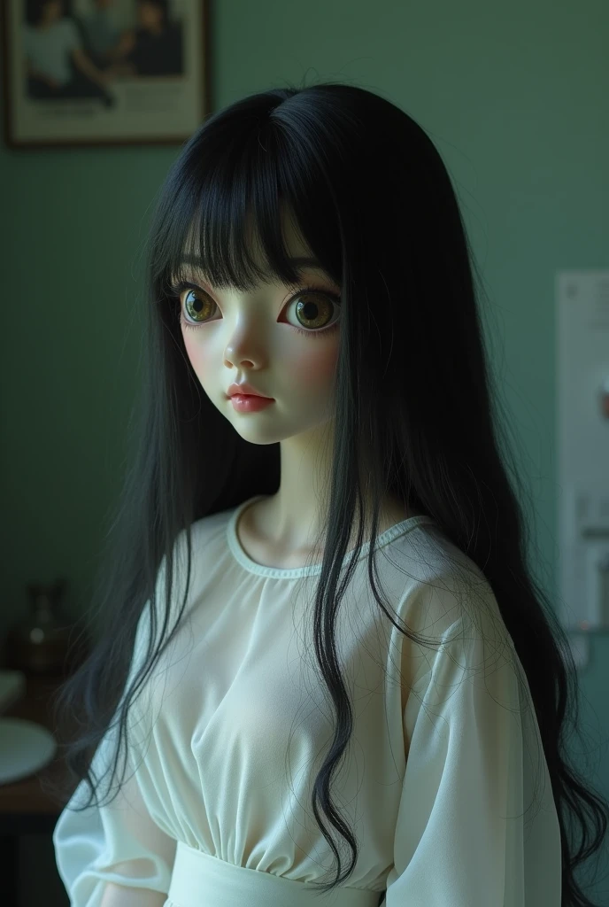 Taking pictures secretly、Hidden camera footage、Super Real、Exquisitely crafted Japanese semi-long black hair(((Stuffed Animal Girl)))、A white surgical gown made of thin, almost transparent material、Dimly lit human taxidermy studio、Abandoned Operating Room、Bloody Saw、pliers、Surgical scalpel
