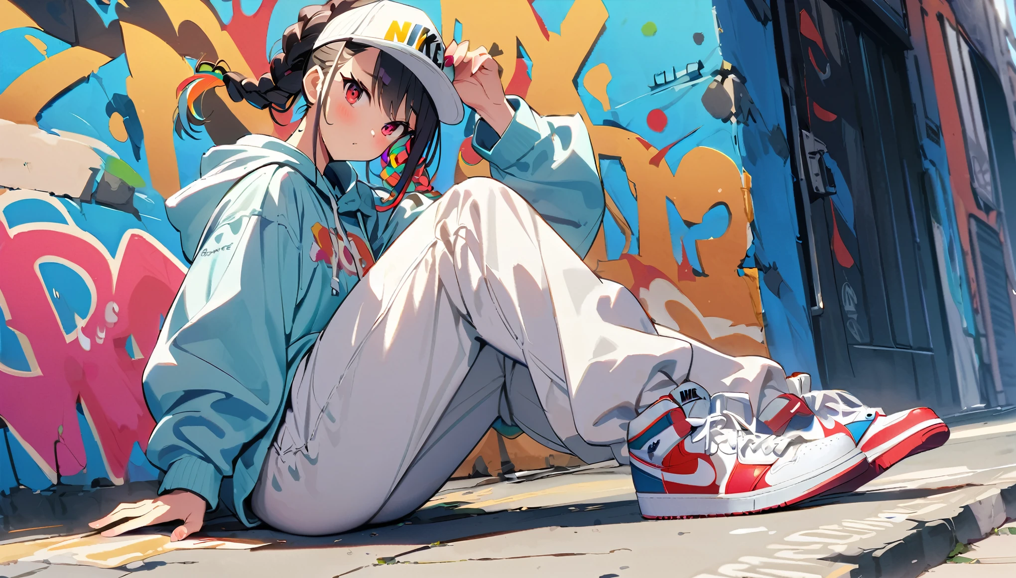 HD 8k handsome sexy cute er16:9、Lonely、Female 1 person、Braided Hair、Black Hair、Rainbow Hair、Red eyes、hoodie、カラー hoodie、White trucker hat、Hip hop style large white tank top、White big pants、NIKE is sneakers、Human Focus、Outdoor、blue sky、White cloud、HD 8K Graffiti、Popular spray art wall、