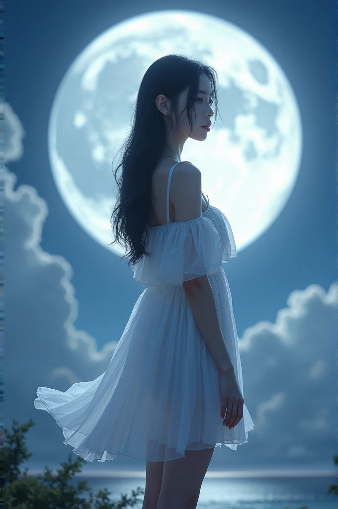 realist, Jennie BLACKPINK with a giant moon behind her in a short white party dress 