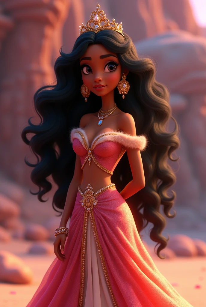 Stunning Princess Jasmine, black female, long curly hair, photo in 8k, Pixar style image, in the adult version, Excellent quality. She has a crown. Your dress is like a princess's.