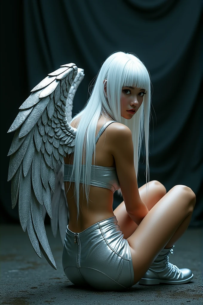 A girl with long white hair with her back sitting on the ground and a metal wing coming out of her, very y2k silver tribal and her wet hair, I want the black background to show her looking back, she will wear a silver latex crop top and a silver skirt and silver latex high heel boots 