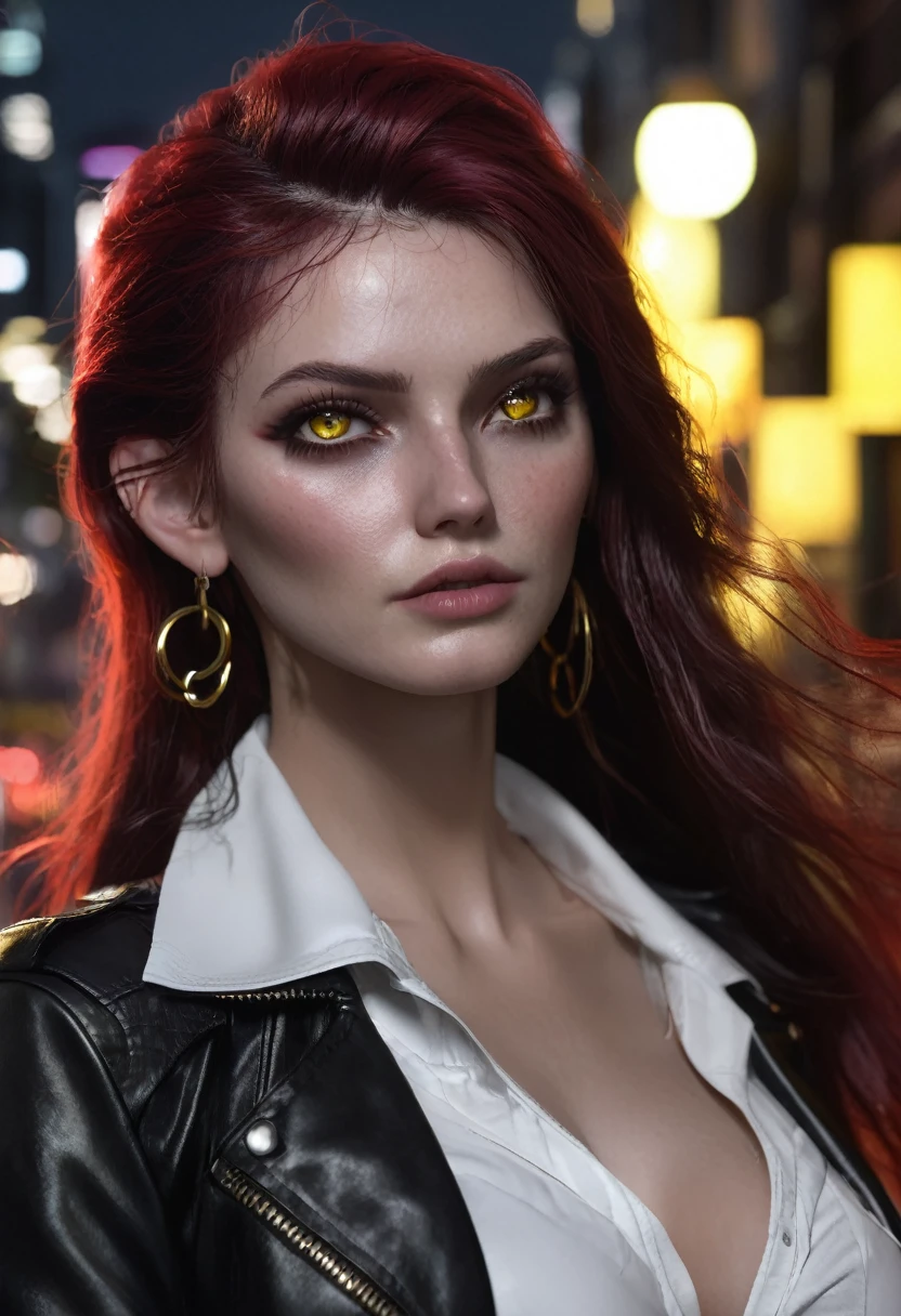 1 woman, inside a city at night, wearing a white blouse and a black leather jacket over it, feminine yellow eyes, dark detailed skin, large breasts, hoops in her ears, long messy red hair, dramatic lighting, cinematic composition, dark palette, small elf ears, dark colors, atmospheric fog, thin chin, soft face, serious face, beautiful woman, adult woman, ultra realistic, adult woman (best quality, 4K, 8K, high resolution, art: 1.2), ultra detailed (realistic, photorealistic, photorealistic: 1.37)