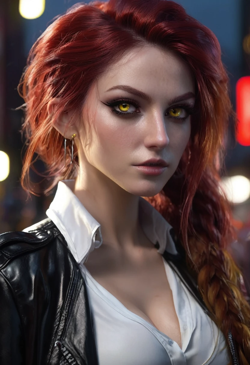 1 woman, inside a city at night, wearing a white blouse and a black leather jacket over it, feminine yellow eyes, dark detailed skin, large breasts, hoops in her ears, long messy red hair, dramatic lighting, cinematic composition, dark palette, small elf ears, dark colors, atmospheric fog, thin chin, soft face, serious face, beautiful woman, adult woman, ultra realistic, adult woman (best quality, 4K, 8K, high resolution, art: 1.2), ultra detailed (realistic, photorealistic, photorealistic: 1.37)